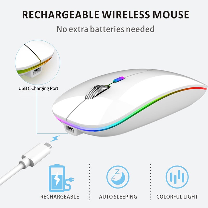 Uiosmuph LED Wireless Mouse, G12 Slim Rechargeable Silent Mouse, 2.4G Portable USB Optical Wireless Computer Mice with USB Receiver and Type C Adapter (White) - Image 4